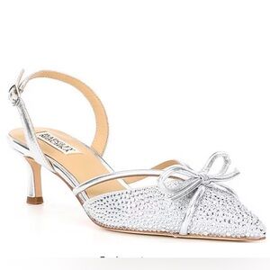 Badgley Mischka Angelina Satin Rhinestone Embellished Bow Slingback Pumps NWOB